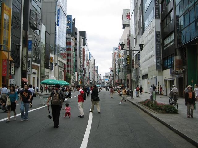 Chuo-dori in Ginza shopping district, closed to vehicle traffic on Sunday.